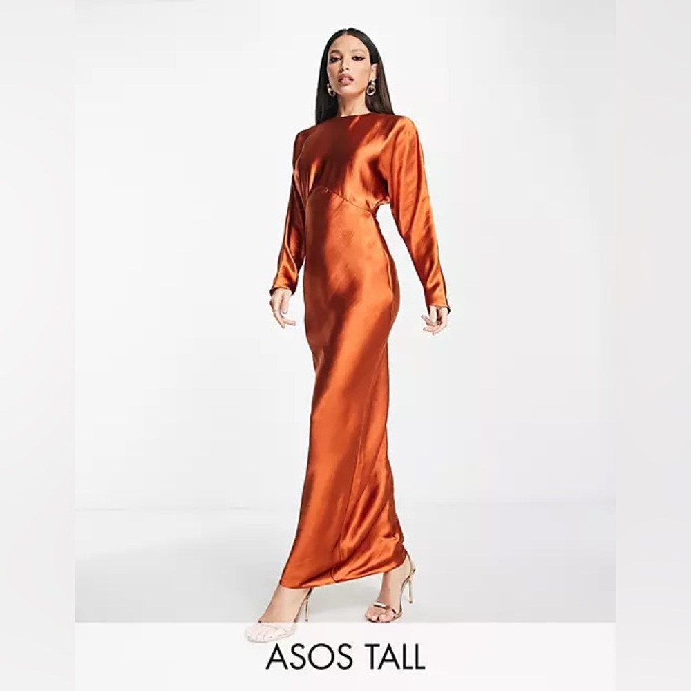 ASOS DESIGN Tall satin batwing bias cut maxi dress in rust